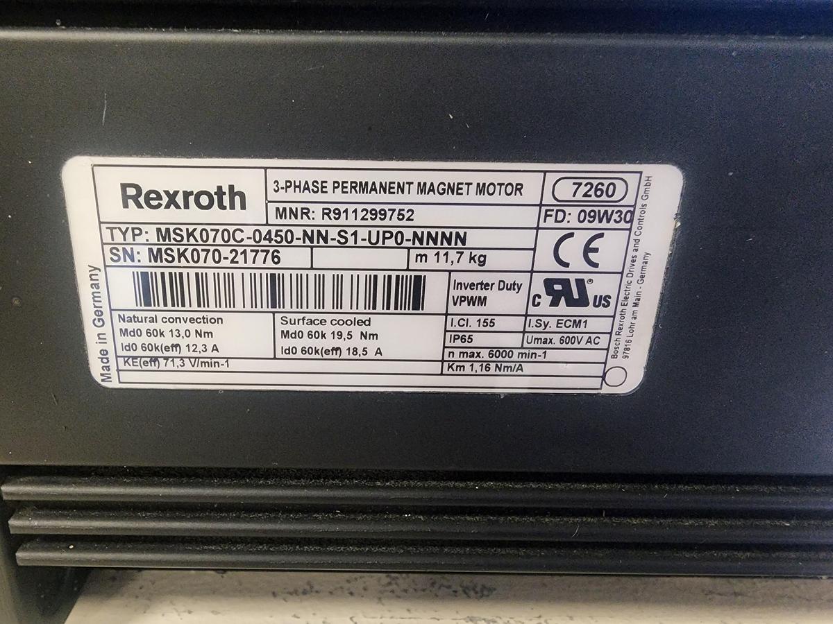 Used Rexroth MNR: 9911299752 / MSK070C-0450-NN-S1-UP0-NNNN Servo Motor