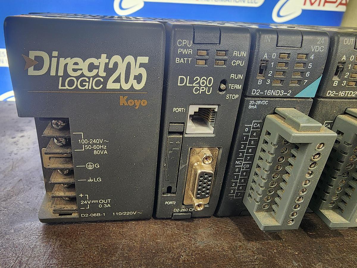 Used Koyo D2-06B-1 / F2-04AD-2 Direct Logic 205 6-Slot PLC with Modules