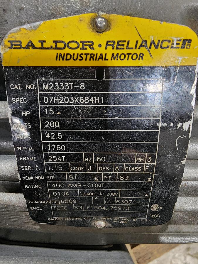 Used Baldor Reliance M2333T-8 / 07H203X684H1 200 V 1760 RPM Frame: 254T 15 HP Motor