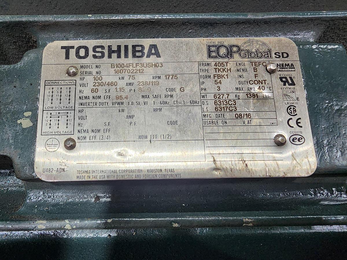 Used Toshiba B1004FLF3USH03 Frame: 405T 75 KW 100 HP Motor -Like New-
