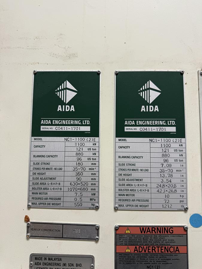 Used 121 TON AIDA MODEL NC1-1100(2) GAP FRAME PRESS