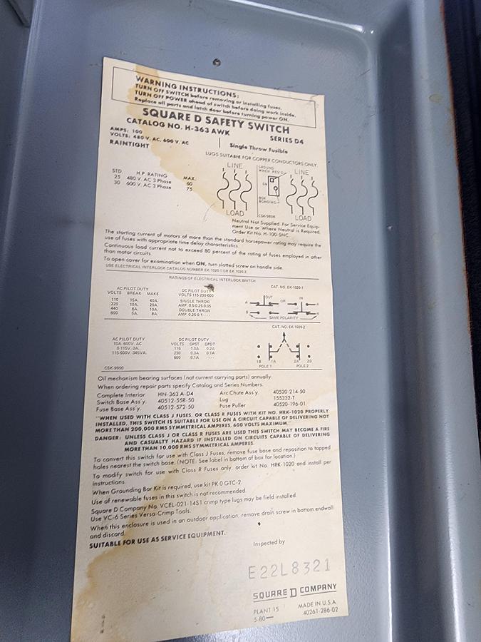 Used Square D H-363AWK 100 Amp 600 V Safety Switch / Disconnect
