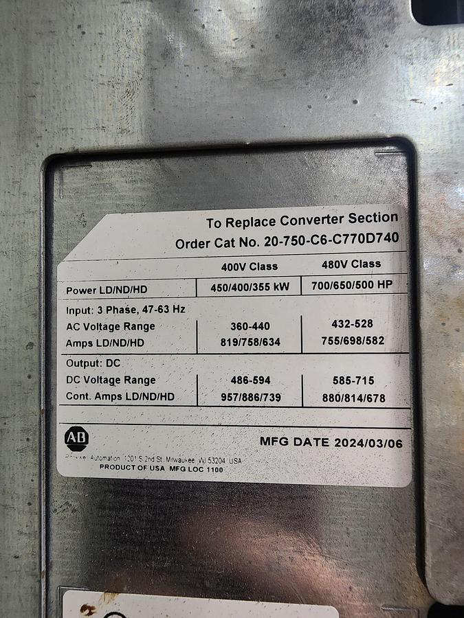 Used Allen-Bradley 20G1ABD710JN2NNNNN 600 HP Powerflex 755 Air Cooled AC Drive VFD