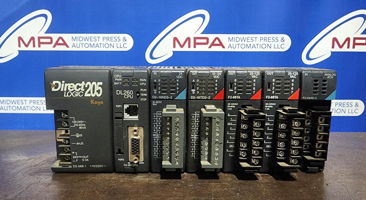 Used Koyo D2-06B-1 / F2-04AD-2 Direct Logic 205 6-Slot PLC with Modules