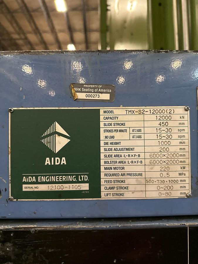 Used 2012 AIDA TMX-S2-1200 STRAIGHT SIDE PRESS w/COILTECH FEED LINE
