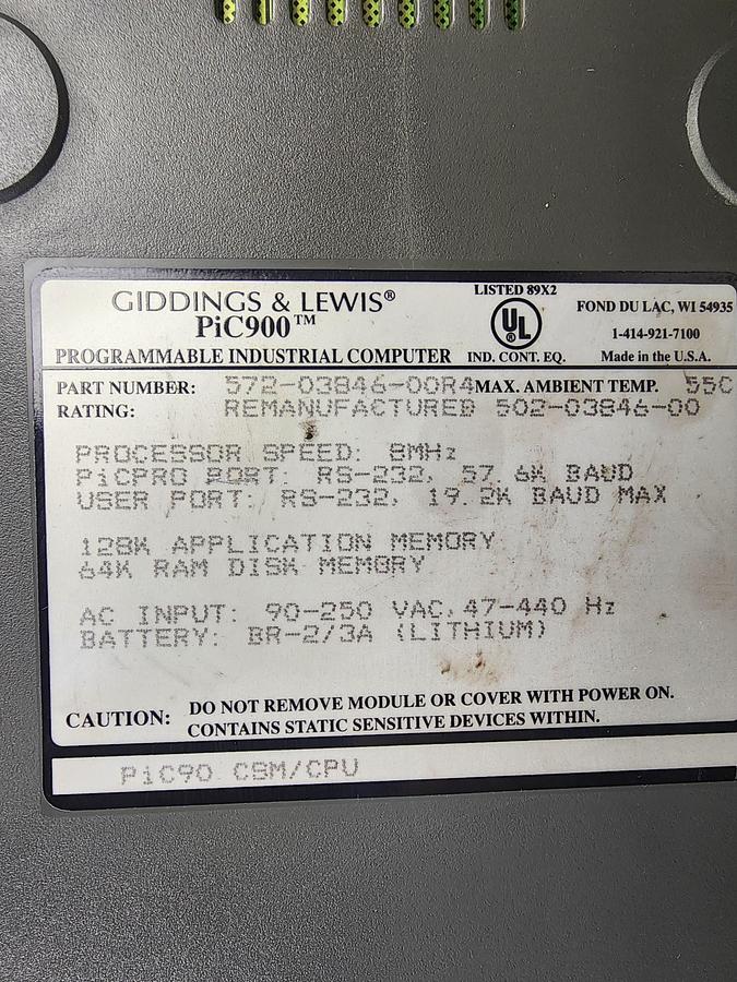 Used Giddings and Lewis 572-03846-00R4 PiC900 / PiC90 CPU Programmable Industrial Computer
