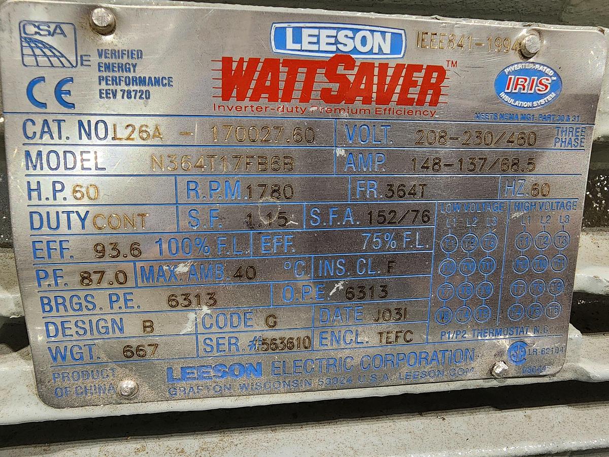 Used Leeson WattSaver Model: N364T17FB6B Frame: 364T 208-230/460 V 60 HP Motor