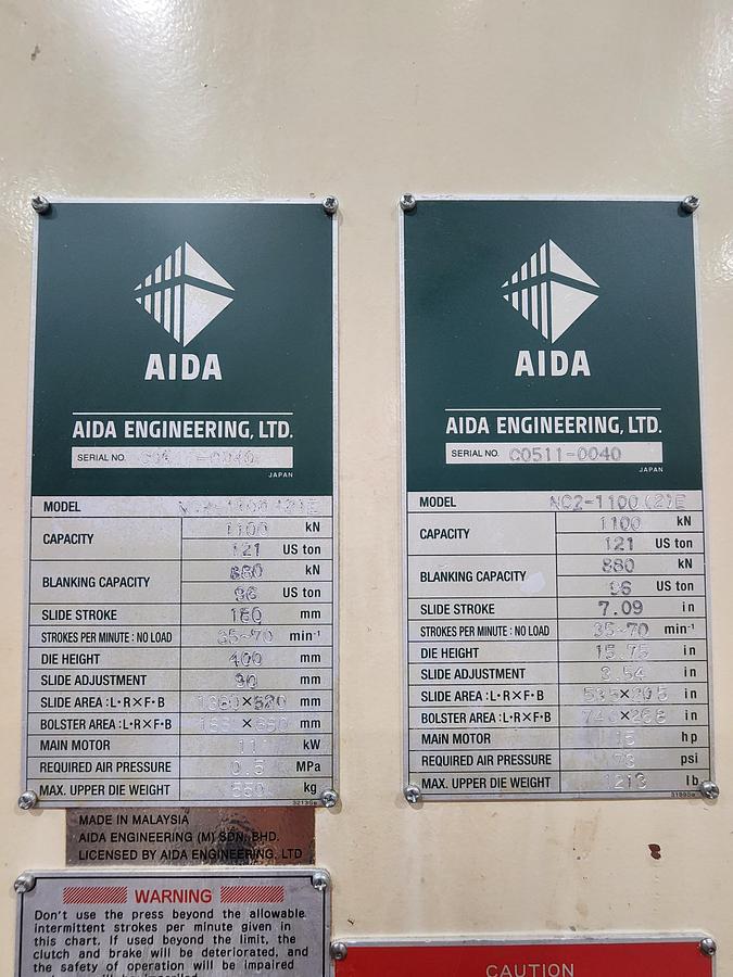 Used 121 TON AIDA MODEL NC2-1100(2)E GAP FRAME PRESS
