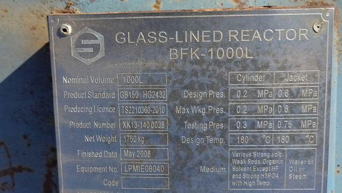 Used Reactor, 265 Gallon, Glass Lined, 30 PSI, Jkt, Agit, #S736725