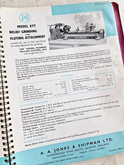 Used JONES & SHIPMAN RELIEF GRINDING & FLUTING ATTACHMENT