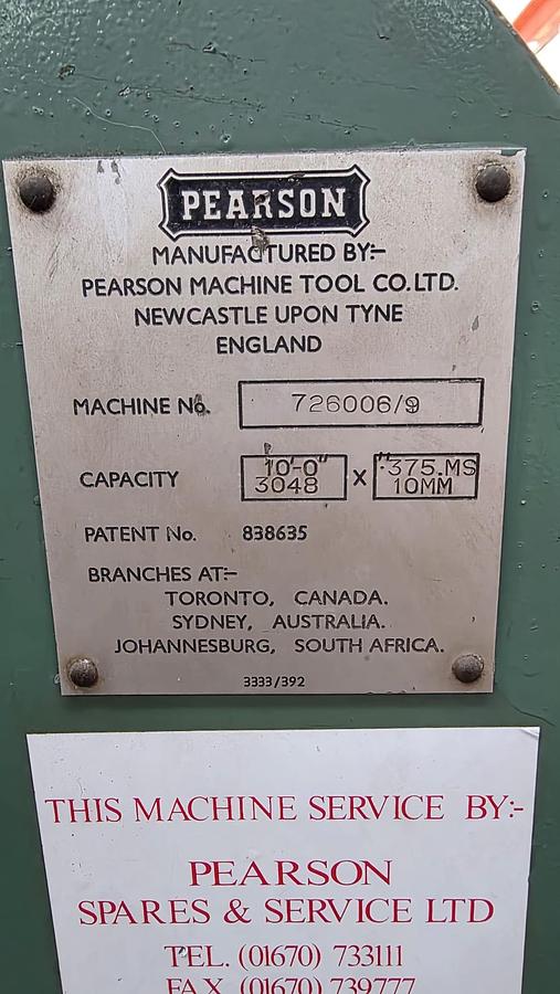 Used PEARSON 10ft x 3/8” (3048mm x 10mm) Capacity Hydraulic Swing Beam Guillotine Shear.