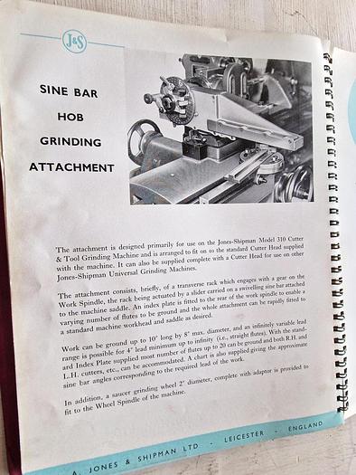 Used JONES & SHIPMAN SINE BAR HOB GRINDING ATTACHMENT