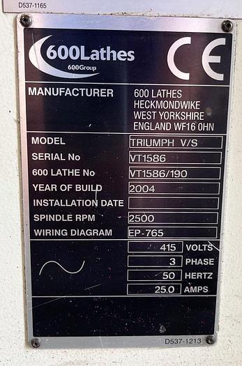 Used 2004 COLCHESTER TRIUMPH VS2500 15" x 50" GAP BED CENTRE LATHE