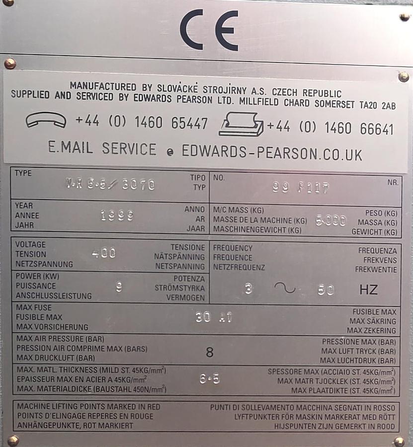 Used 1999 EDWARDS PEARSON VR 3070mm x 6.5mm Capacity Hydraulic Variable Rake Guillotine Shear
