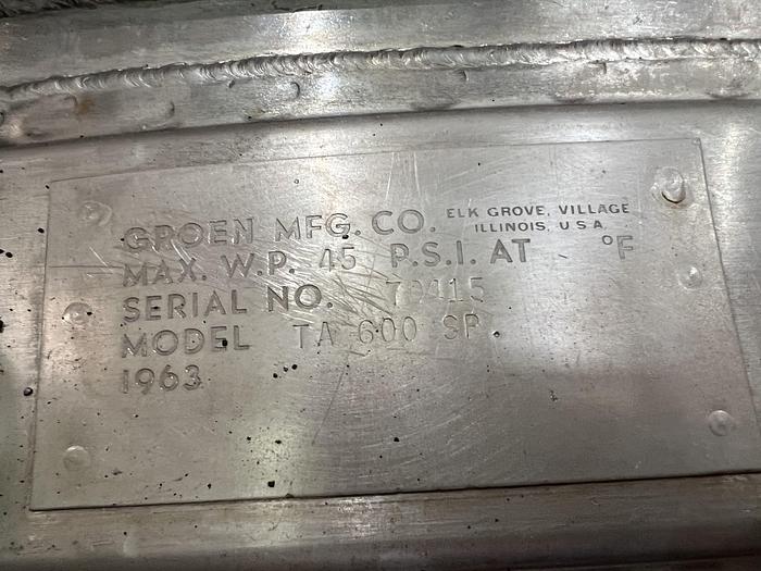 Refurbished 600 GALLON GROEN KETTLE - S/S - 45 PSI JACKET