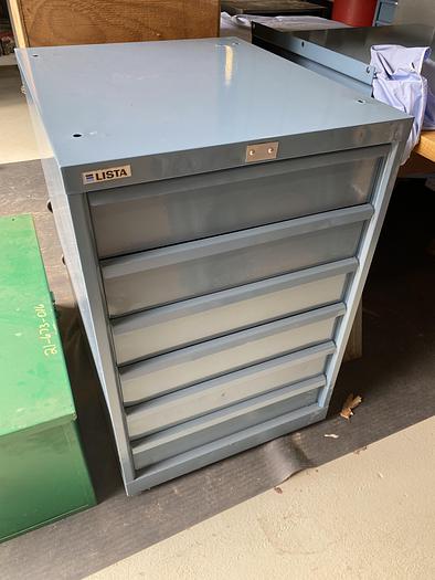 Used 5-Drawer Lista Drawer Storage Tool Chest w/Butcher Block Top & Metal Shelf