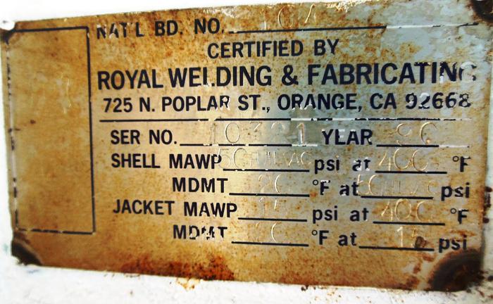 Used Reactor, 236 Gallon, S/st, Jkt, Agit, Royal Welding, 42"X36" #S742518