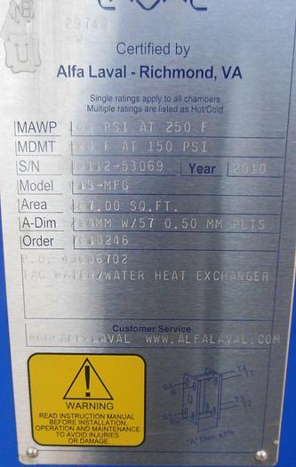 Unused Heat Exchanger, Plate, 367 SF, S/st, Alfa Laval, #S742805