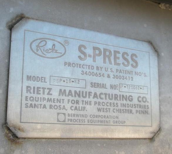 Used Press, Screw, Rietz, Mdl RSP-16-K2, Horizontal, S/st, #S730038