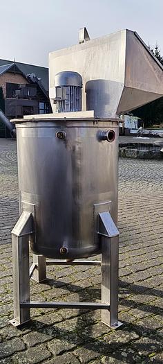 Used Zbiornik nierdzewny z dnem kulistym, pojemność ok. 430 l, z mieszadłem i nadbudowanym zasypem i pokrywą na zawiasach