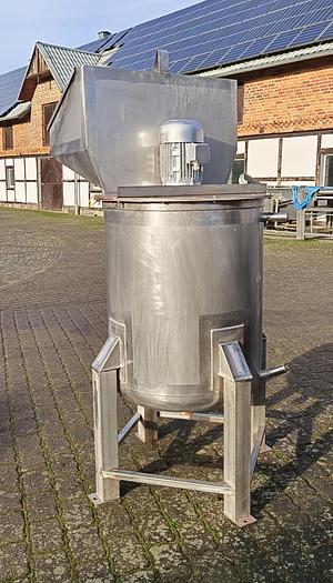 Used Zbiornik nierdzewny z dnem kulistym, pojemność ok. 430 l, z mieszadłem i nadbudowanym zasypem i pokrywą na zawiasach