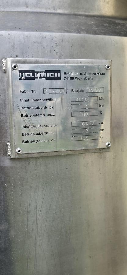 Used Mieszalnik przemysłowy HELMICH 1000 L – zbiornik procesowy z płaszczem grzewczo-chłodzącym