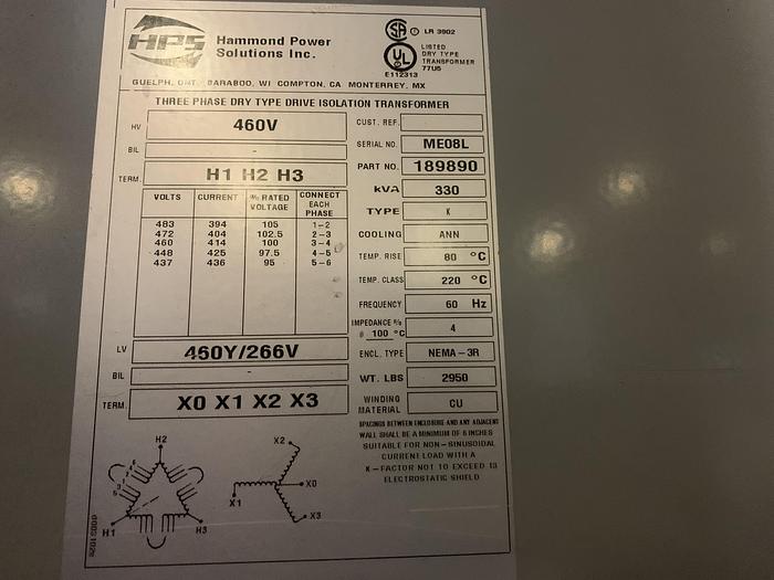 Used 330 KVA DRY TYPE TRANSFORMER 460V/266V