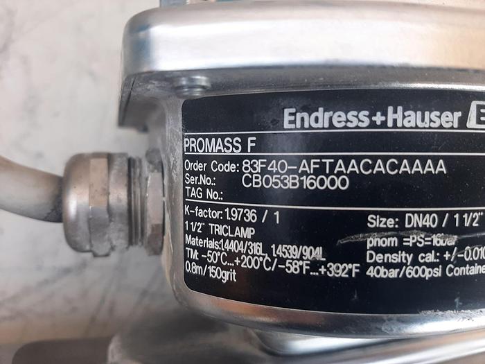 Used Meter, Flow, Endress Hauser, Promass F, 1-1/2", 316 S/st, C #S743320