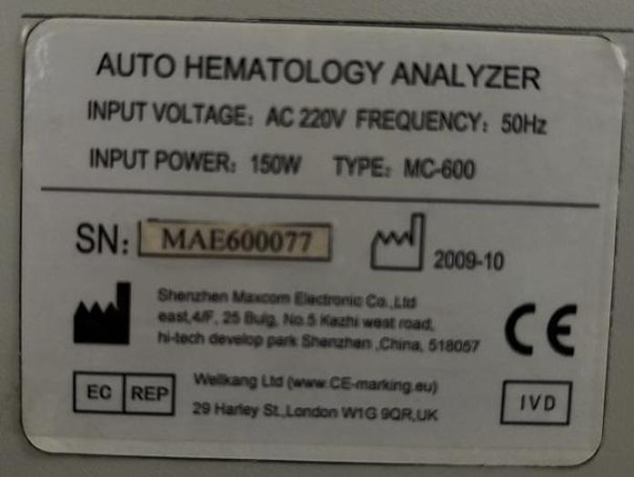 Used Maxcom, MC-600, Haematology 3-Diff