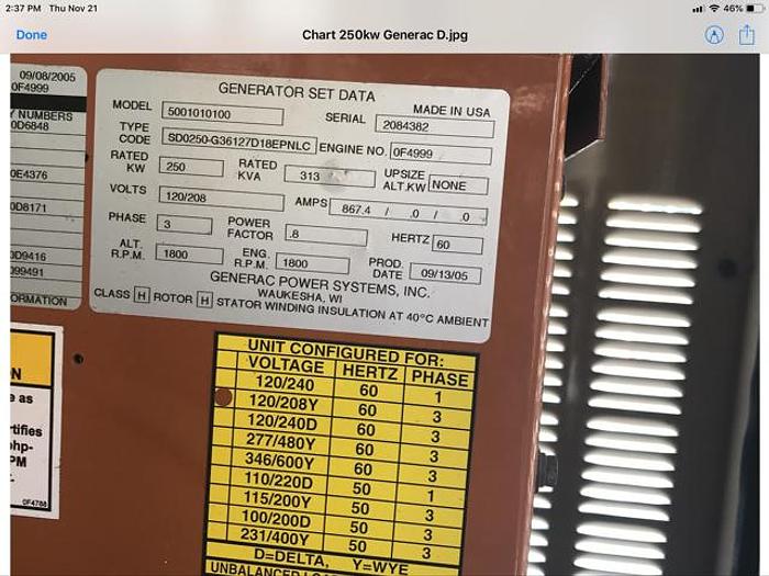 Used 2005 Generac 250kW Generator Low Hours Made in U.S.A