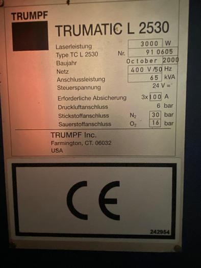 Used 2000 Trumpf Trumatic L2530 Flat Bed Laser