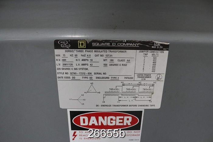 Used Square D Three Phase Dry Type Lighting Transformer, 15 Kva, 480V Primary #26655