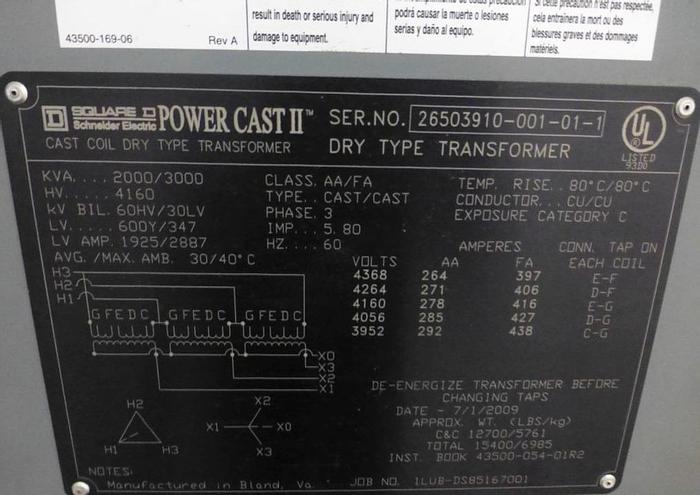 Used SQUARE D POWER CAST II DRY TYPE COPPER TRANSFORMER 2000/3000 KVA