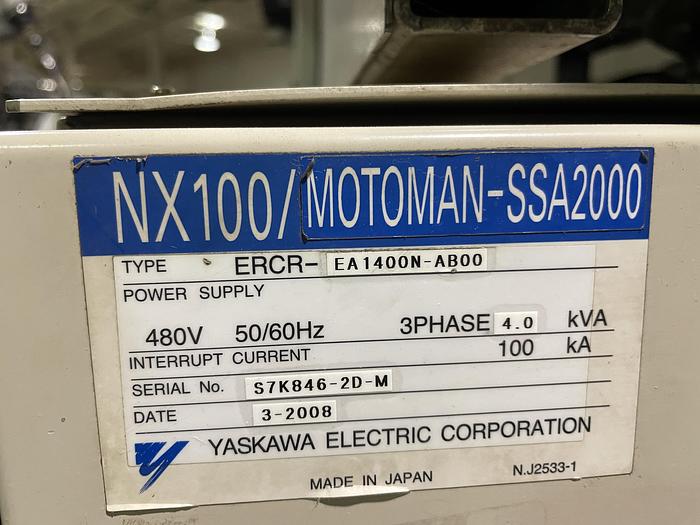 Used MOTOMAN EA1400N DUAL ARM ROBOTIC MIG WELDING CELL WITH 11,000 LB CAPACITY A/B SIDED INDEX TABLE