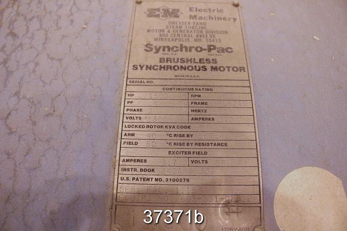 Used Electric Machinery Synchro-Pac 1500 Hp Synchonous Motor, 450 Rpm, 2300 Volts #37371