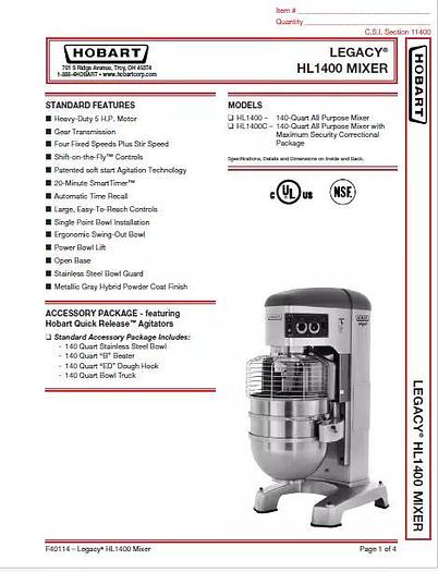 Used Hobart HL1400 Legacy 140qt Mixer Bowl Attachment w/ Guarantee - Can ship