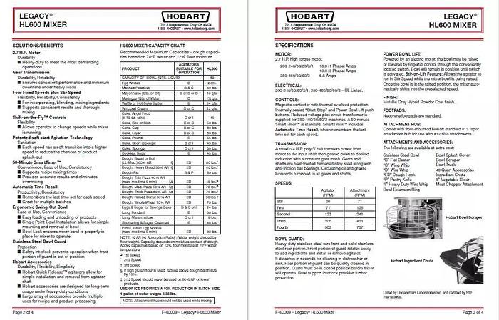 Used Hobart HL600 and HL6200 Legacy 60qt Mixer bowl attachment