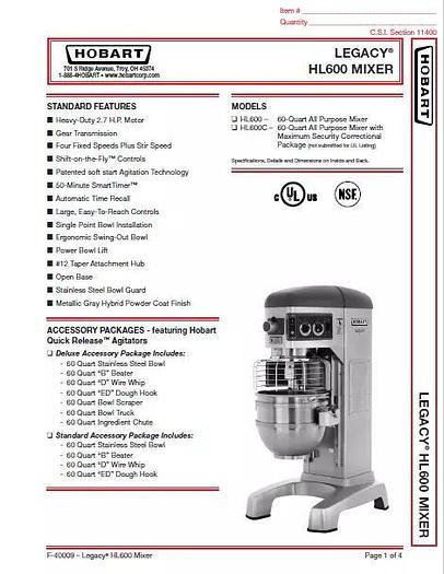 Used Hobart HL600 and HL6200 Legacy 60qt Mixer bowl attachment