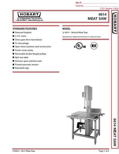 Used Hobart Meat Saw Model 6614 refurbished