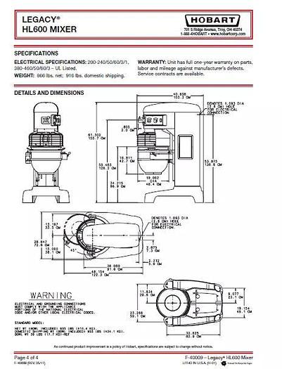 Used Hobart HL600 and HL6200 Legacy 60qt Mixer bowl attachment