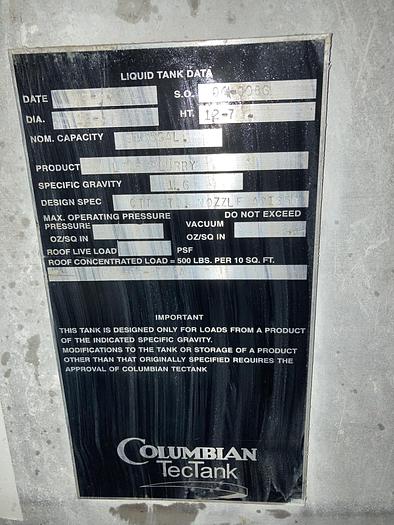 Used Columbian TecTank 9855 gallon vertical stainless steel mix tank