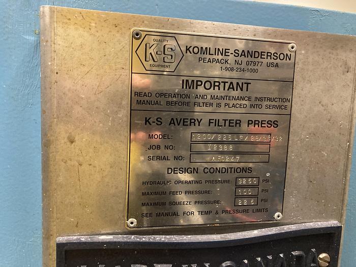 Unused K-S Avery Model 1200-225 LS/28-38/32 1200mm X 1200mm membrane filter press