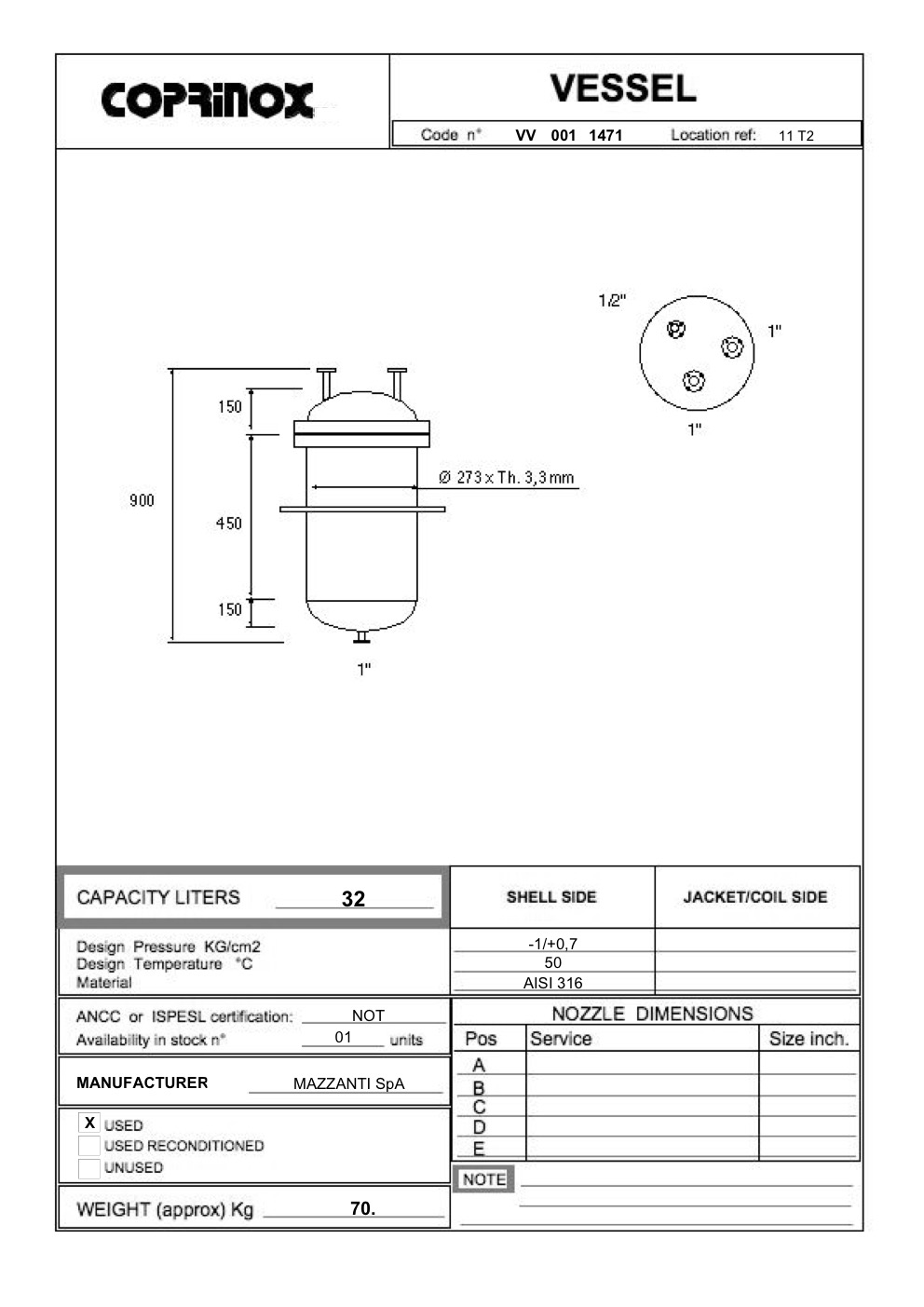 Used 32 liter MAZZANTI SpA tank