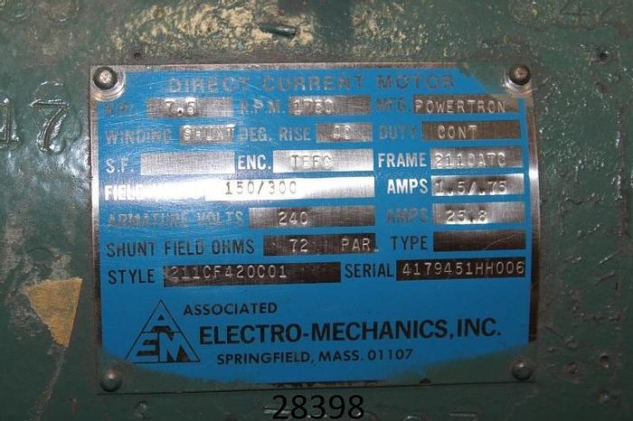 Used Associated Electro M  Dc Motor. 7.5 Hp, 1750 Rp #28398
