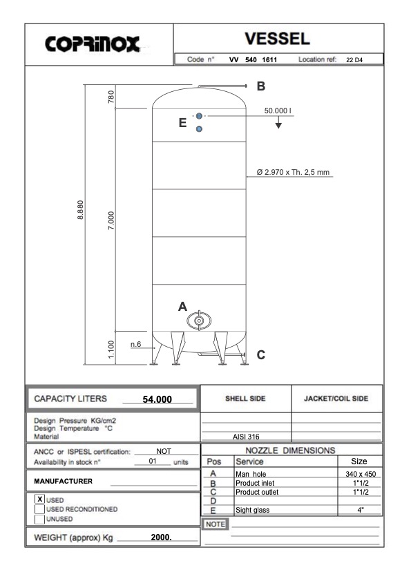 Used Serbatoio verticale 54.000 litri in acciaio inox AISI316