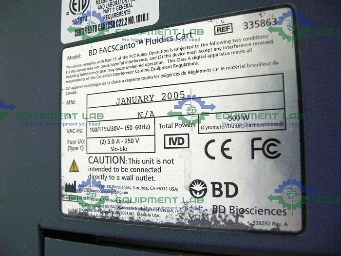 Used BD FACSCanto Flow Cytometer w/ Fluidics Station Cart & Software  Mfg: 2005