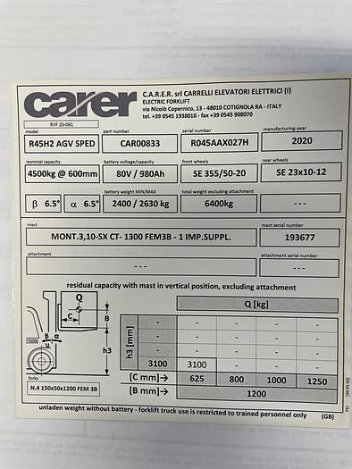 Used Qty 2- 2020 CARER Electric Forklifts AGV SPED Model: R45H2