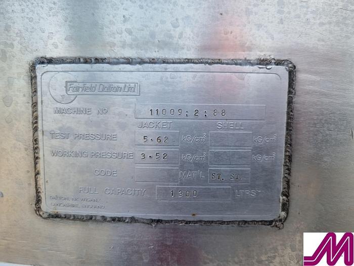 Used Fairfield 1,200 Litre Jacketed Tank with Agitator