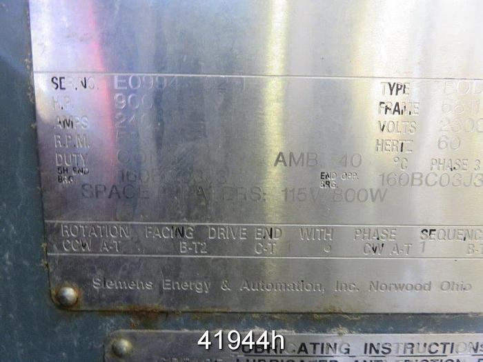 Used Siemens Induction Motor, 900 Hp, 595 Rpm, 2300 Volts #41944