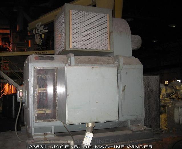 Used Jagenberg 45-21 Machine Winder, 24"X128" Drums, Regenerative Brake, Dual Drum Drives With 100Hp, 500V, Dc Drives, Falk 2070Y1B Gear Boxes, Shaftless Rewind, 84" Max Rewind Diameter #23531